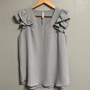 New Without Tags Zenana Gray Ruffled Sleeveless Blouse V Neck XL New!